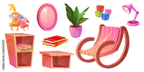 Pink kid girl room interior and furniture cartoon vector. Girly house decor with mirror, bookcase, chair and flowerpot. Isolated cute shelf with book stack element. Playroom design with doll and cube