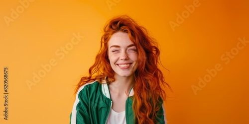 Young woman with red hair winking, wearing a green and white jacket, against an orange background