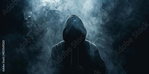 Mysterious figure in a dark hoodie with a hidden face, surrounded by smoke in a dark environment. Hacker banner concept with incognito mode. Anonymous connection and world wide web cybersecurity alert