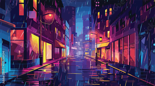 Rain in night city card. empty street with buildings