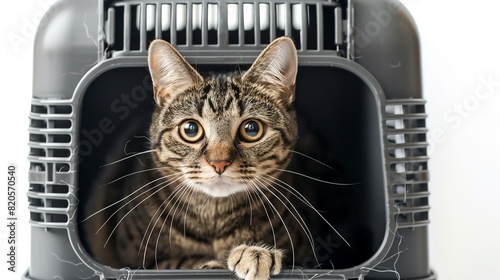 Cat in a travel crate, isolated on white background, peeking out nervously, heading to the vet, copy space