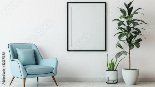 Frame mockup. Light blue chair home interior, wall poster frame. 3D render