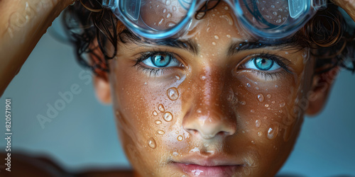 Teen boy with wet skin and goggles, staring intently at the camera, ideal for themes of summer, sports, and determination.