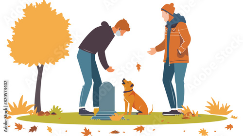 Sad people at burial of dog at pet cemetery. Couple 