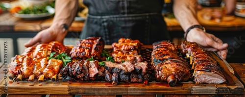 Serving platter with perfectly barbecued meats, hands arranging the display, emphasizing the professional and delicious presentation for corporate events