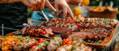 Serving platter with a selection of barbecued meats, hands adding the final touches, highlighting the delicious and professional catering for a business event