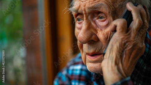 An old man is saddened by what he heard on the phone, revealing the wrinkles of old age.