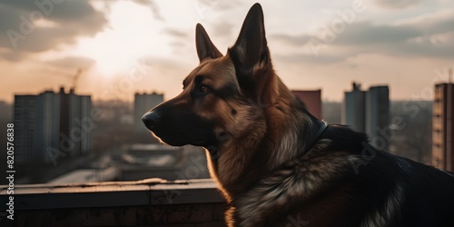 German shepherd dog on the background of the city and the sunset.