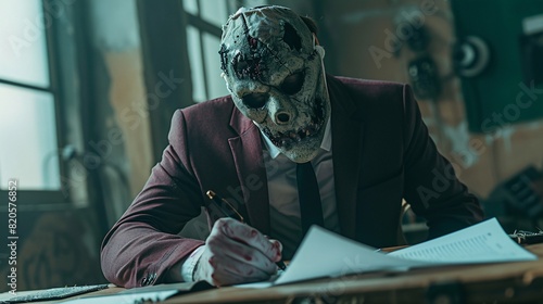 a celebrity signing an autograph while wearing a zombie mask