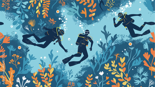 Seamless pattern divers under water. Scuba diving in