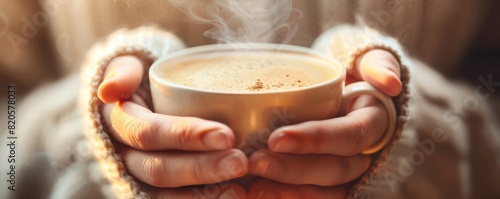 Closeup of a steaming cup of hot coffee held by both hands, with the rich aroma wafting upwards, perfect for illustrating a moment of warmth and comfort in a business setting