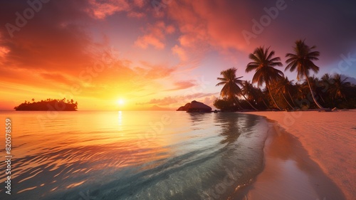 Tropical beach with palm trees at beautiful sunset. Nature background