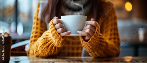 Professional enjoying a hot coffee in a stylish cafe, hands cradling the cup, with a blissful expression as they inhale the aroma, ideal for promoting relaxation and focus