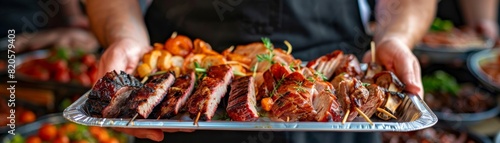 Hands presenting a serving tray filled with assorted barbecued meats, vibrant and appetizing, perfect for illustrating a successful corporate gathering or business lunch