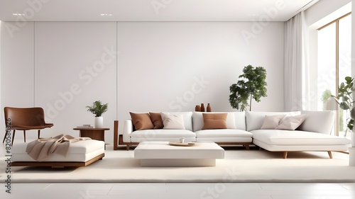 Minimalistic Generative AI Style a contemporary white living room with a white wall that is blank for a 3D render.The rooms' white floors and brown furniture décorLarge sliding doors are open. ignorin