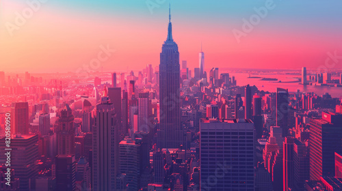 city view of New York, aerial photography, the empire building and others in the sunset