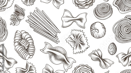 Seamless pattern with various types of raw pasta hand