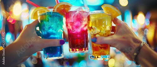 Closeup of hands clinking colorful cocktail glasses, vibrant drinks reflecting a festive business party atmosphere