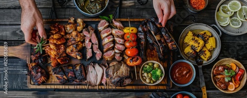 Flat lay of a barbecue platter with an assortment of grilled meats, hands reaching in to serve, highlighting the variety and appeal for a business function