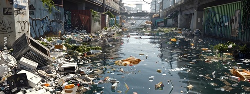 LitterStrewn Riverbanks and Overflowing Dumpsters in a Dystopian Science Fiction Landscape