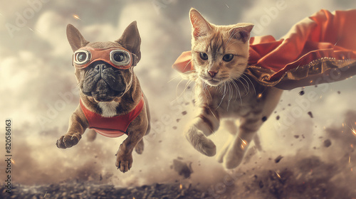 Best friends, dogs and cats in hero costumes