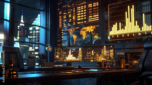 A visionarys workspace with holographic projections of skyscrapers and digital graphs illustrating successful investment strategies