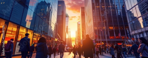 An artistic representation of a financial district during a busy weekday, with people in business attire bustling between towering glass skyscrapers