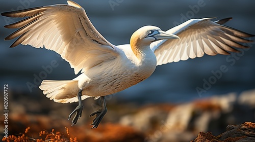 Gannet returns to its nest with a beak full of vegetation plucked