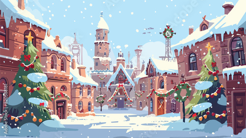 Snowy cityscape or landscape with town. City street w