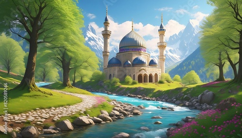 Mosque with domes and minarets on the path, with a backdrop of mountains and a clear river