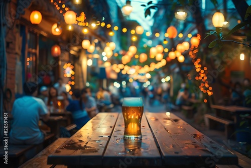 Bokeh background Street Bar beer restaurant, outdoor in asia, People sit chill out and hang out dinner and listen to music together in Avenue, Happy life ,work hard play hard