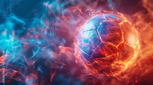Fiery Soccer Ball In Goal In red and blue Flames, soccer ball in red and blue flames and smoke light background. creative sport wallpaper Generative AI