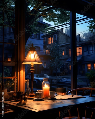 Lanterns on the windowsill of a restaurant at night