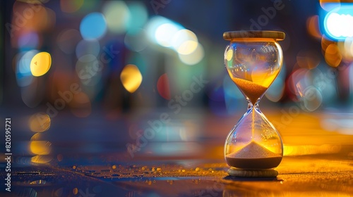 An hourglass sits on top of a table, its sand slowly counting down time against a blurred background. Generative AI
