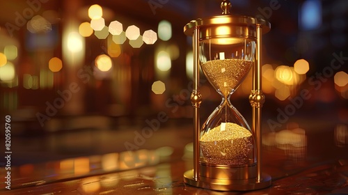 A golden hourglass sitting on a table, as the sand inside counts down time. Generative AI