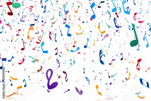 Colorful musical notes pattern on white background, representing vibrant music and melody, perfect for art projects and backgrounds.