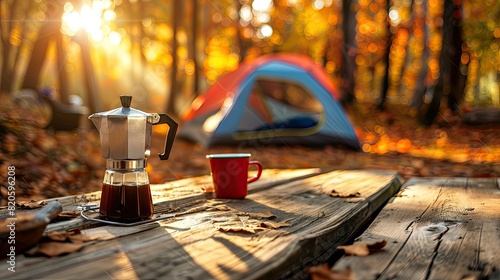 Outdoor coffee makers set on wooden table with natural mountain background and soft sunrise