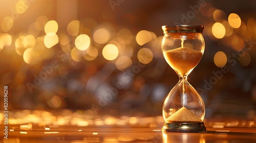 An hourglass filled with sand sits atop a wooden table, counting down time in a focused and timeless manner. Generative AI