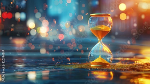 An hourglass sits on top of a wet floor, sand slowly trickling down, marking the passing time. Generative AI
