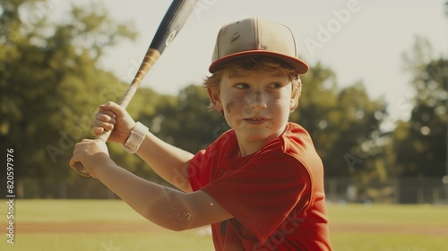 a young boy holding a baseball bat on a field of grass