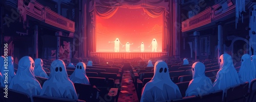 A paranormal scene set in an abandoned theater, where ghostly actors perform spectral plays to an empty audience. illustration.