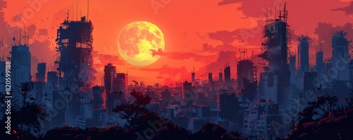 A post-apocalyptic cityscape engulfed in perpetual twilight, where the remnants of humanity eke out a precarious existence amidst the ruins of civilization. illustration.