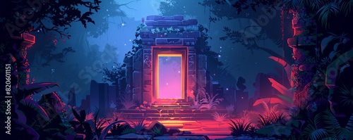 A mystical temple hidden within a dense jungle, where ancient relics and sacred artifacts hold the key to unlocking the secrets of the past. illustration.