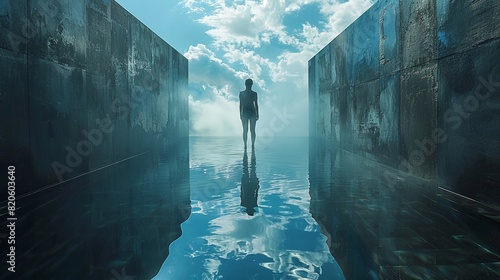 Reflection Show a solitary figure gazing at their own reflection in a glowing holographic pool, pondering the complexities of their existence in a futuristic world