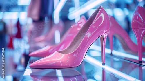 A pair of light pink stiletto heels on a glass display shelf.