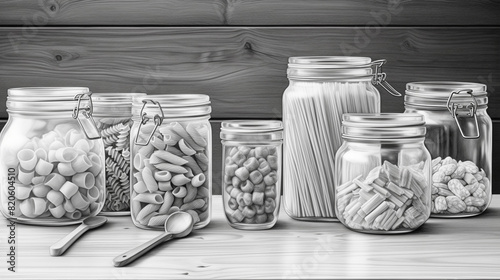 Glass jars for products with cereals, a container for food with marking, contour illustration. linear hand drawn picture in sketch style