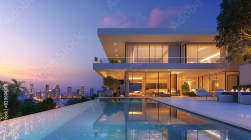 A luxurious modern villa featuring a cantilevered pool and spacious terrace, offering panoramic views of the city skyline as twilight settles in.