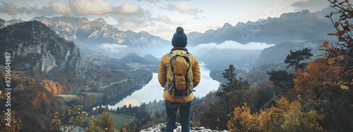 Solo traveler taking in the views from a scenic overlook, backpack visible, symbolizing adventure and self-discovery, suitable for travel and inspirational themes.