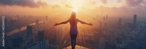 Woman reaching the top of an urban building at sunrise, overlooking the city, symbolizing achievement and personal goals, suitable for motivational and urban life themes.