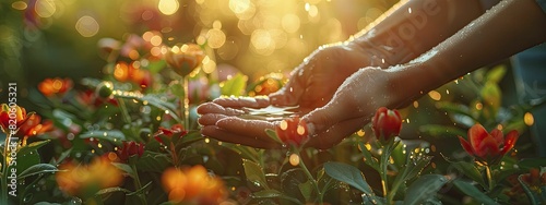 Home garden at sunrise with dew on plants, close up on hands tending to flowers, symbolizing care and growth, perfect for gardening and lifestyle themes.